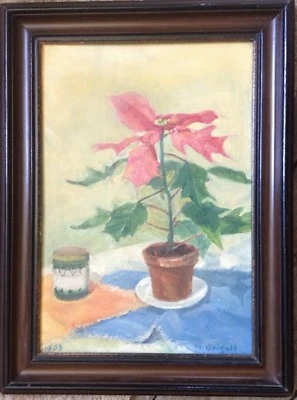 ::STILLLEBEN WEIHNACHTSSTERN ÖLGEMÄLDE BLUME INTERIEUR ANTIK RAHMEN ART DECO  - Bild 1 von 4