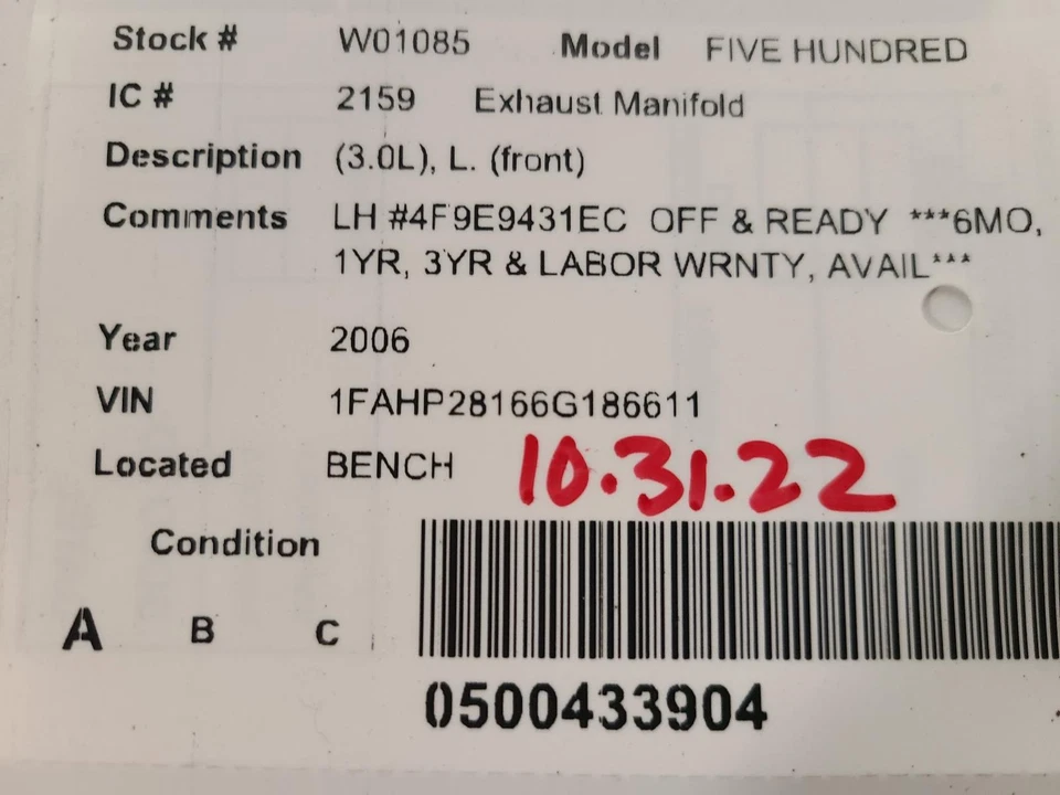 Colector de escape delantero izquierdo usado se adapta a: Ford Fiveundert 2006 3,0 L. delantero delantero Foto 3 de 4