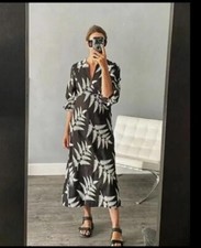 BNWT* ZARA Black And White Embroidered Linen Dress Small Summer Midi