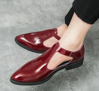 Men's Roman T Strap Sandals Shiny Leather Business Party Loafer Dress Oxford Man