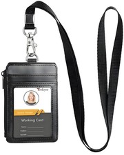 Teskyer ID Badge Holder with Lanyard, 1 Zip Pocket and 4 3.1" x 4.7", Black