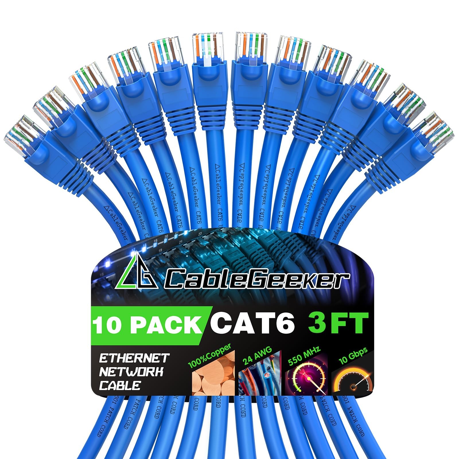 3 ft Cat6 Ethernet Cable 10-Pack - Snagless RJ45 Patch Cords for High-Speed Networking