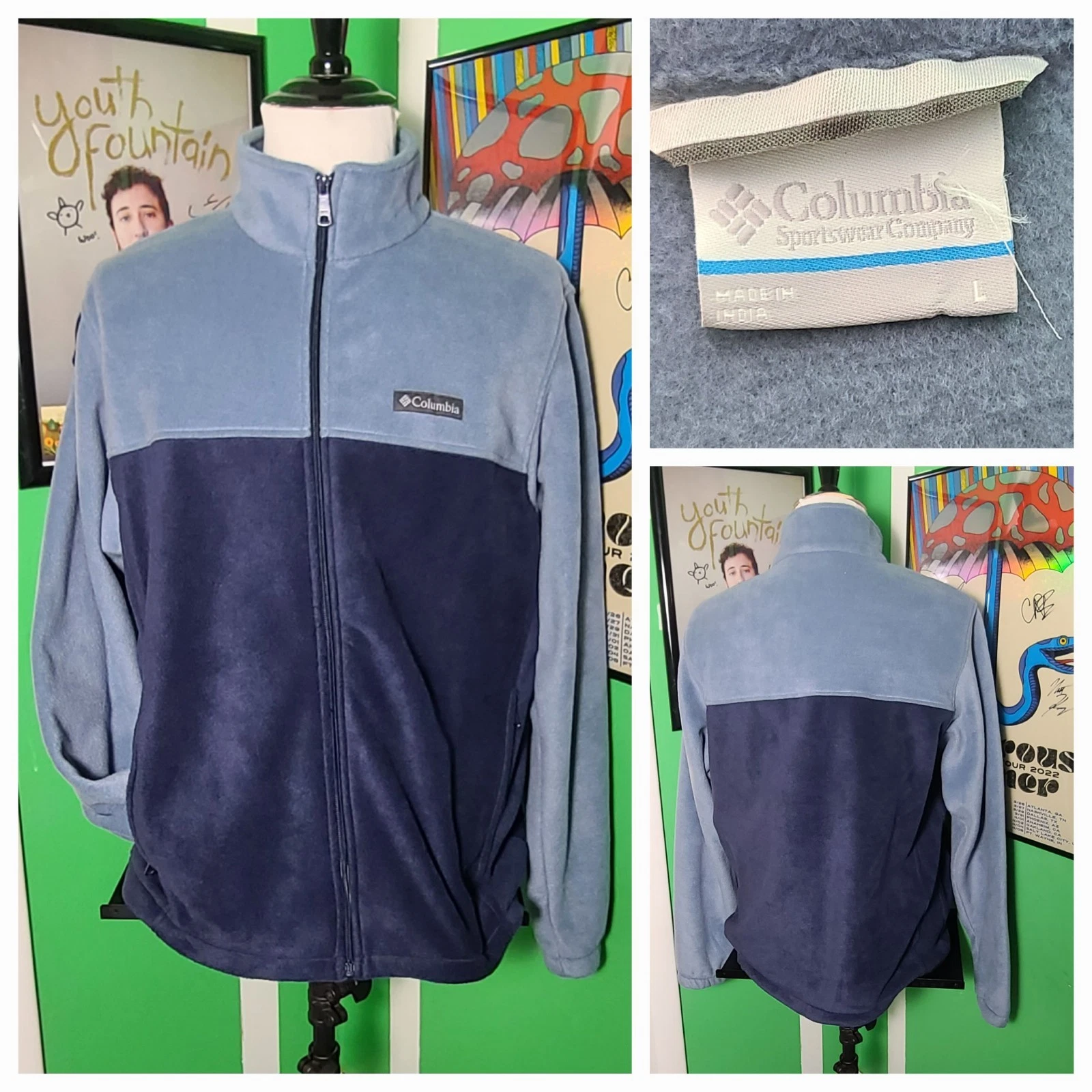 Columbia Fleece Jacket Men’s Large Blue Colorblock Full Zip Outdoor Lightweight