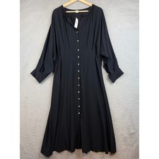 LOFT Beach Black Button Down Midi Dress V-Neck Dolman Sleeve Size L New
