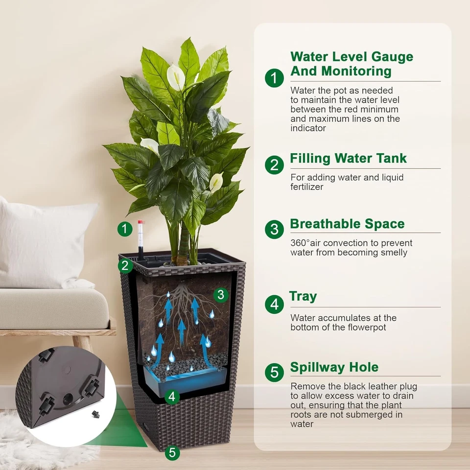 Large Rattan Style Self-Watering Planter with Wheels & Gauge, 22.4-inch, Brown - Image 3 of 4