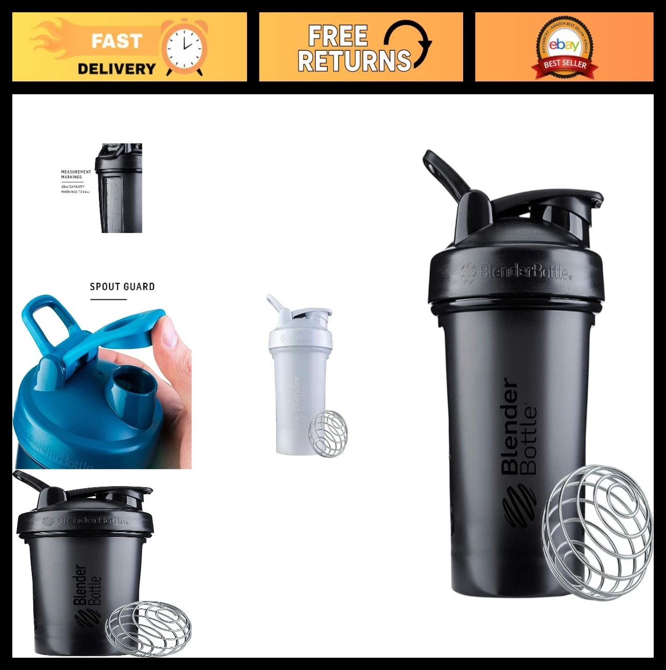 20oz Shaker Bottle Classic V2 - Protein Mixer, BPA-Free, White & Black