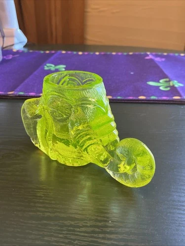 Vintage Fenton  Yellow Vaseline Glass Elephant Head  Toothpick Holder