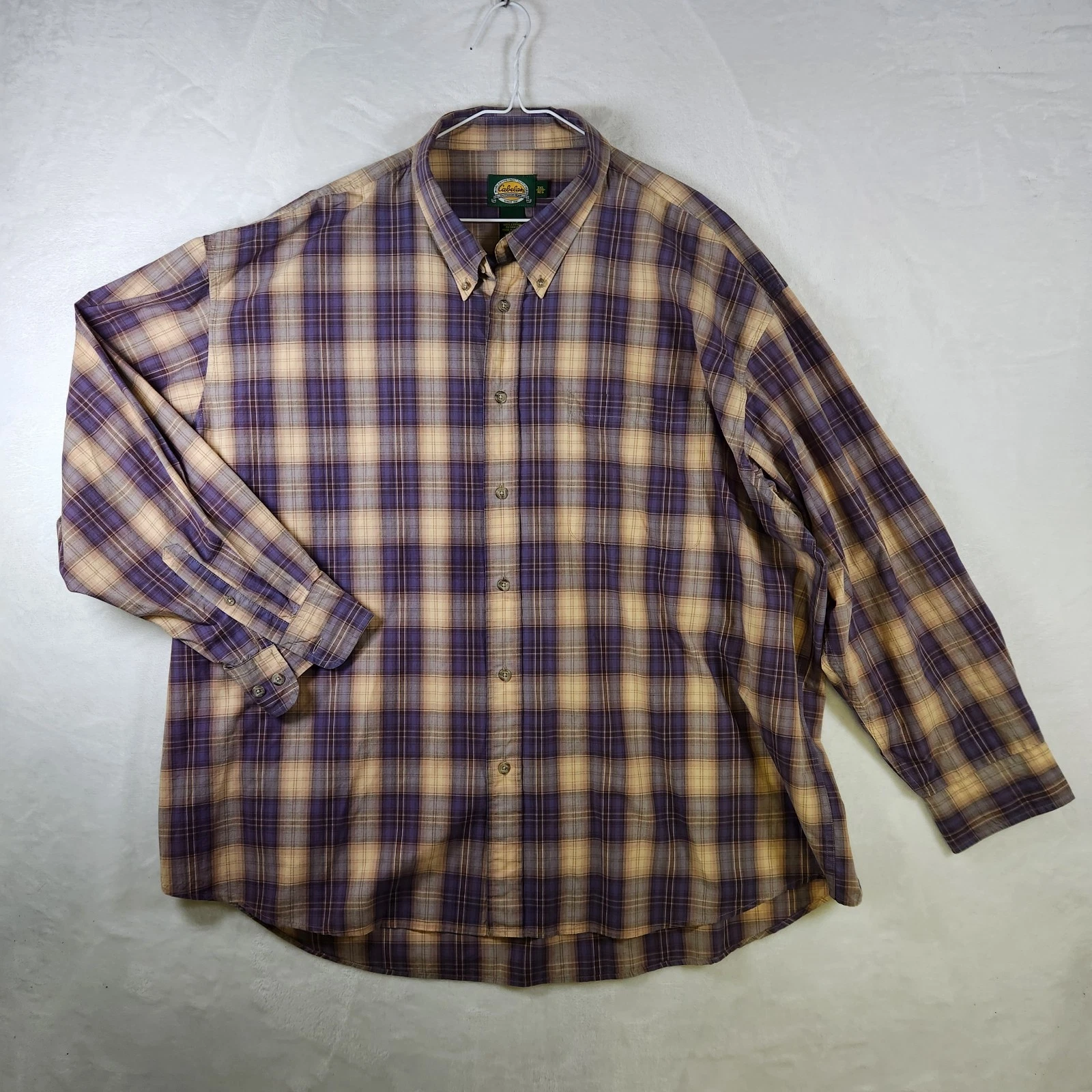 Cabela’s Plaid Shirt Mens 3XL Beige Purple Button Down Long Sleeve Outdoor