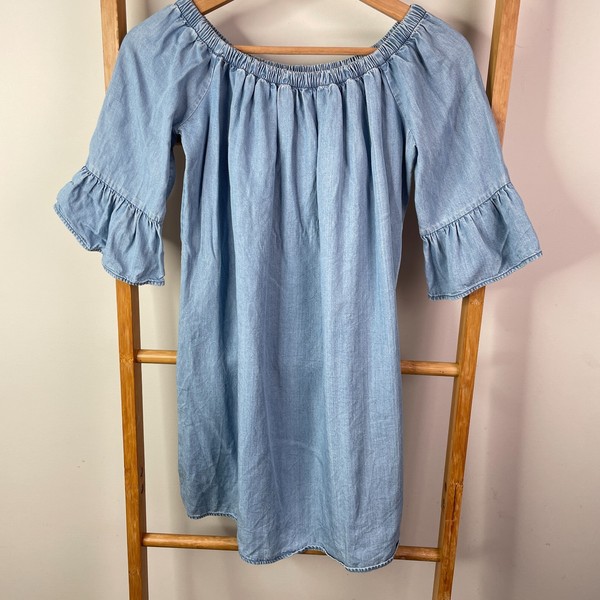 Forever New Denim Mini Dress Womens 6 Blue Ruffle Off The Shoulder Casual Party