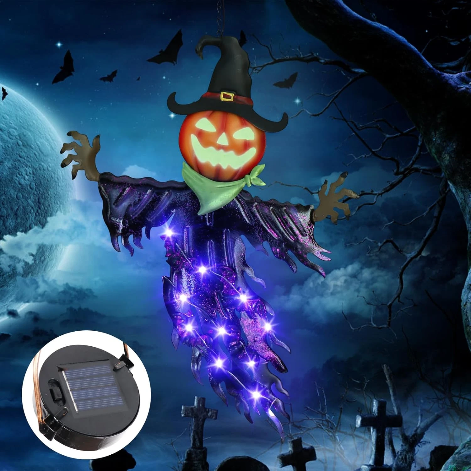 Solar Halloween Metal Hanging Decorations Outdoor, Solar Powered Lighted Metal P
