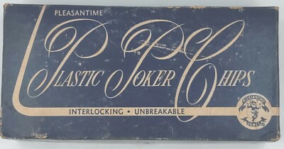 Vintage Pleasantime Games 100 Plastic Poker Chips Full Box Red White & Blue