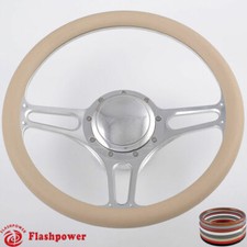14 Billet Aluminum 9 Hole Steering Wheel Tan Half-wrap W Horn Button Adapter