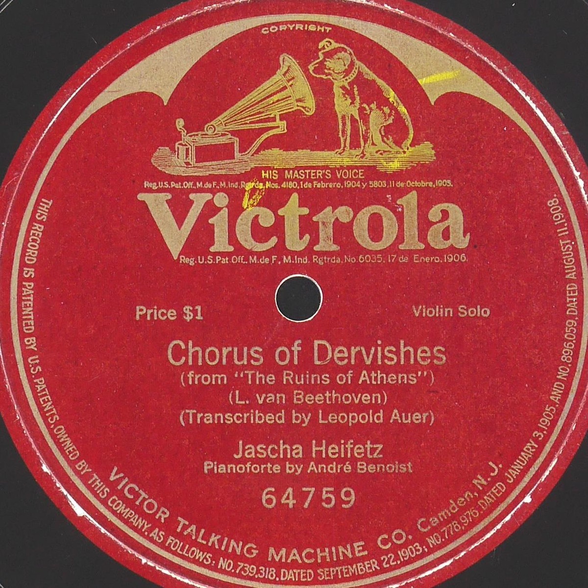 JASCHA HEIFETZ Chorus Dervishes Ruins Athens VICTROLA 64759 VG 78