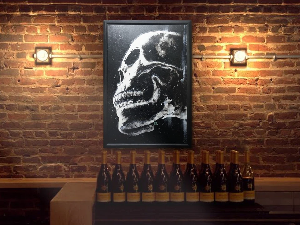 Pintura Calavera Vista Lateral - Arte Original - Enmarcado - Brilla Bajo Luz Negra - 24"x36" Foto 3 de 4