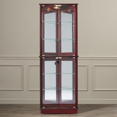 Brown Lighted Glass 3-Sided Corner Display Curio Cabinet Furniture Home ...