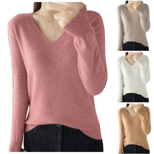 Women's Sweater V Neck Long Sleeve Classic Shape Pullover Jumper Lightweight - Picture 1 of 26