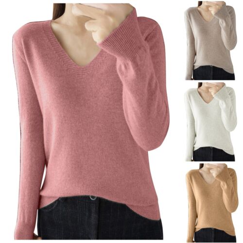 Women's Sweater V Neck Long Sleeve Classic Shape Pullover Jumper Lightweight - Zdjęcie 1 z 26