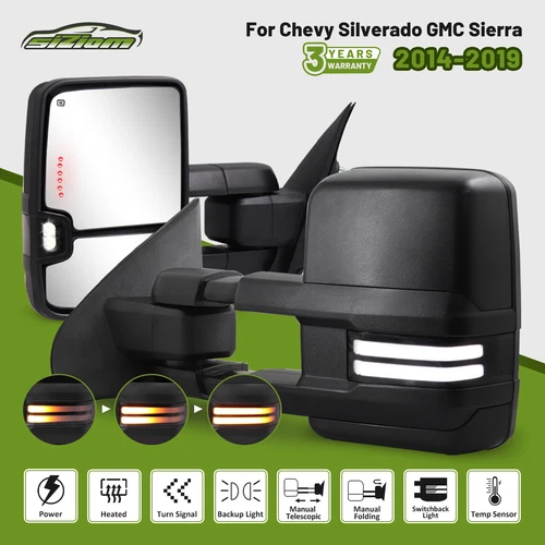 Pair Tow Mirrors LED Smoked Switchback for 2014-2019 Chevy Silverado GMC Sierra