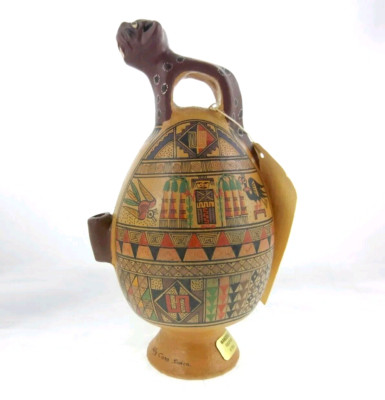 7'' Peruvian Folk Art Pottery Jaguar Salamanca Water Pitcher Wily Cuno Surco Peru