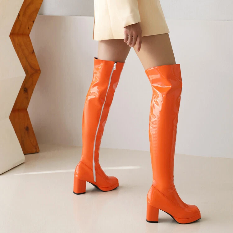 New Over Knee Boots Women Block Mid Heels Zip Thigh High Boots Square Toe Shoe - Image 2 of 4
