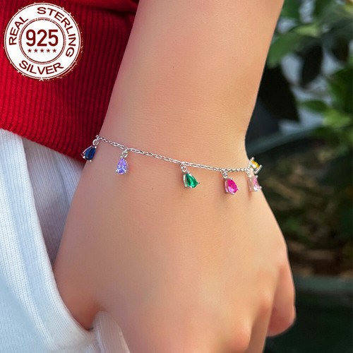 Brazalete ajustable de plata de ley 925 con eslabones de cadena circonita cúbica arco iris para mujer - Imagen 3 de 6