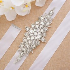 White crystal beaded bridal sash belt
