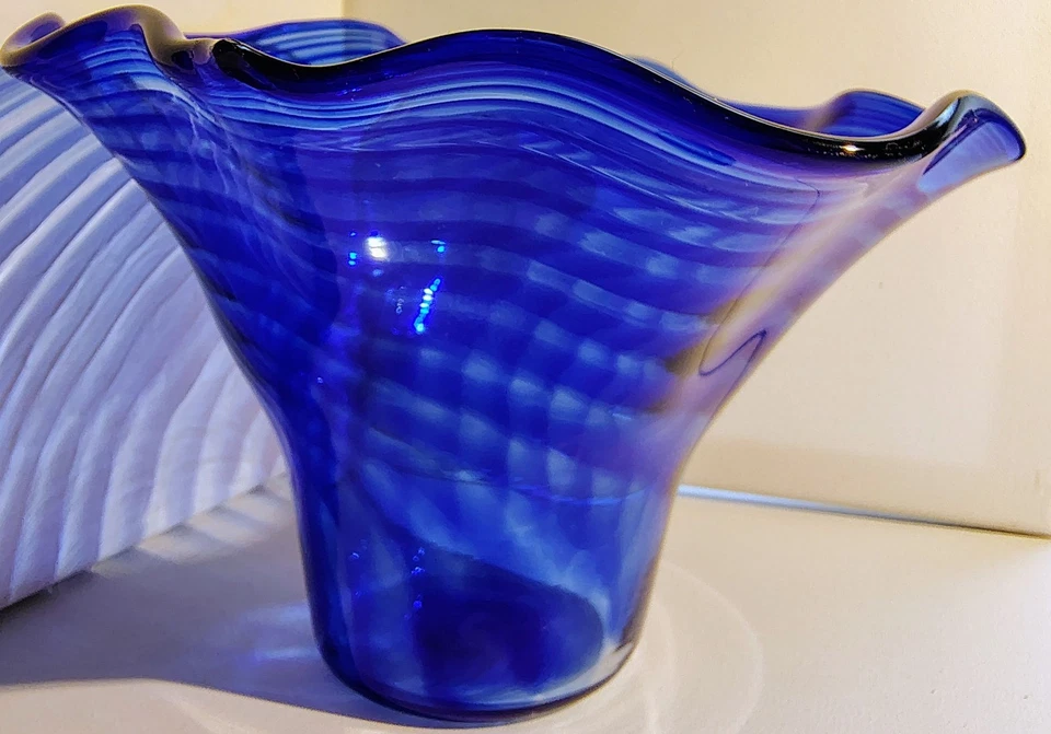 Cobalt Blue Ruffled Hand Blown Art Glass Vase - Image 2 of 4