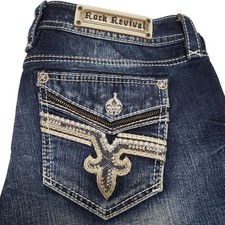 Rock Revival Lam Shorts Woman s 33 Fits 36 Blue Distressed Embroidered Stretch