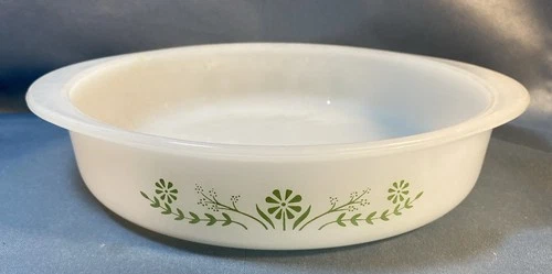 Glasbake Vintage Green Daisy Flower Shallow Cake/Pie Dish 8 Inch