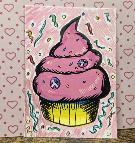 ACEO Original Pink Cupcake Cartoon Illustration OOAK ATC annamaes.artistry
