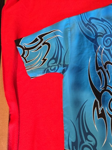 VINTAGE SAPPHIRE SHIRT BLUE TRIBAL FLAMES Small BOWLING Missing 1 Button - Picture 15 of 19