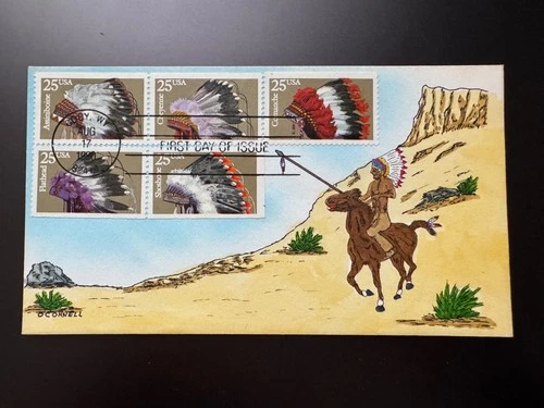 1990 25c Indian Headdresses Hand Colored Cachet FDC