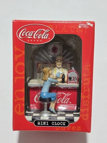 Coca-Cola Brand Mini Clock CCM92 Collectible Girl at Soda Fountain NIB Vintage