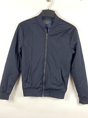 Zara Man Quilted Full Zip Bomber Jacket Navy Blue S F83