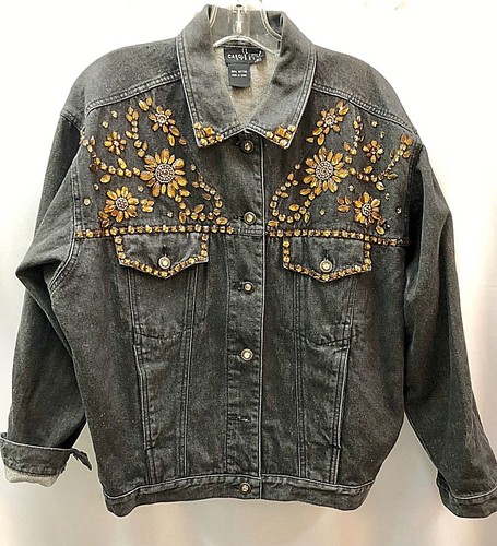 Black denim jacket, jeweled in amber 