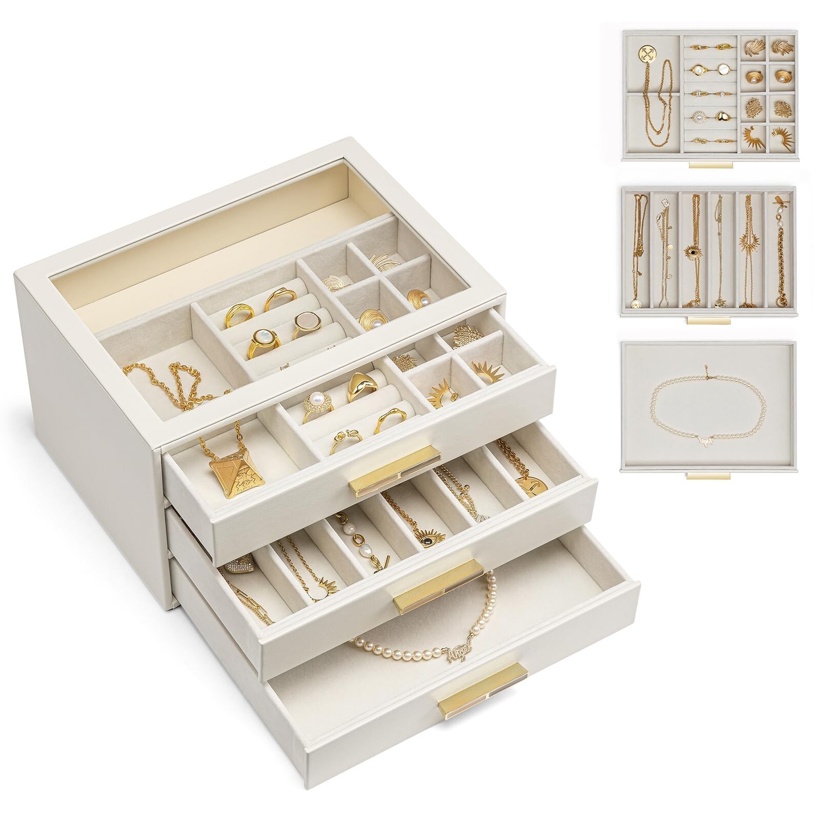 Vlando 3-Drawer Jewelry Organizer with Glass Lid for Women and Girls