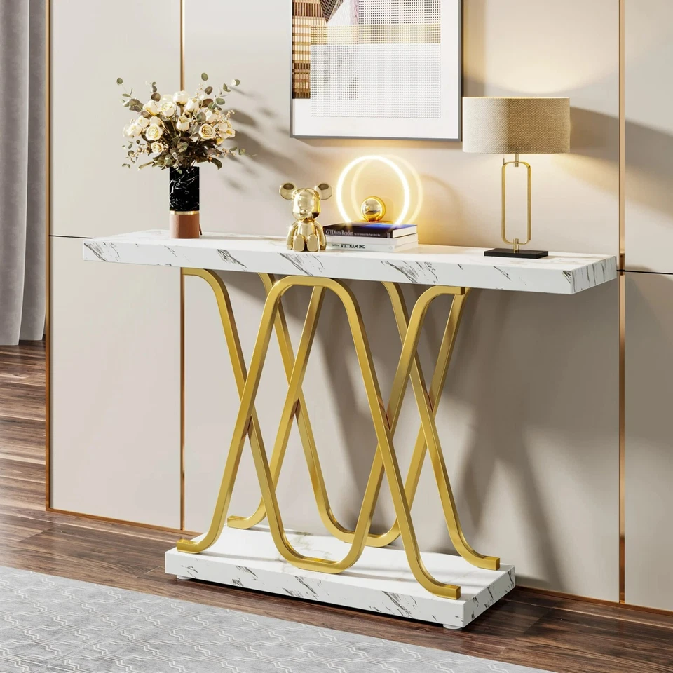 Modern Faux Marble Wood Console Table Entryway Hallway Table with Metal Base 39" - Image 2 of 4