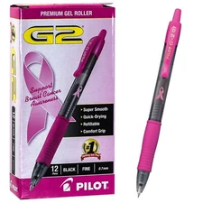Pilot G2 Breast Cancer Awareness Pen 31332 Black Gel Ink 0.7mm Fine, Box of 12