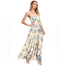Lulus Overjoyed Champagne Satin Floral Sleeveless Maxi Dress Size XS