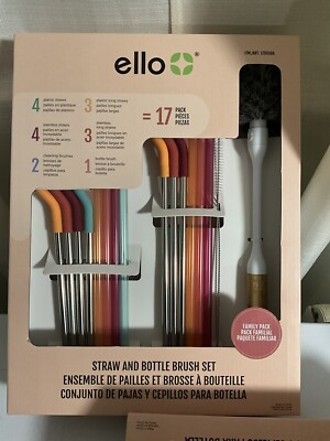 ello straw & bottle brush 17 piece reusable stainless steel straw silicone tips