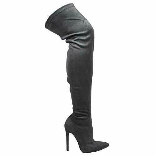 Liliana Gisele-7 Thigh High Stretchy Suede Fitted Pointy Stiletto Boot Grey