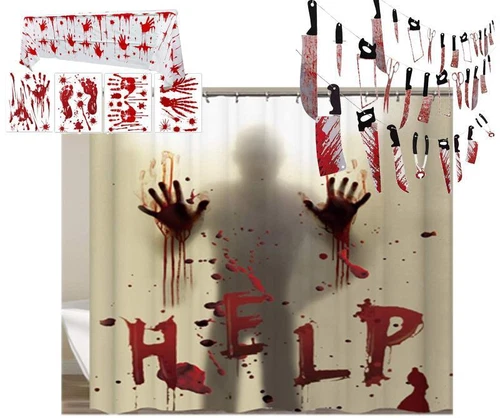 Halloween Party Decorations - Bloody Shower Curtain, Hand Prints and Props