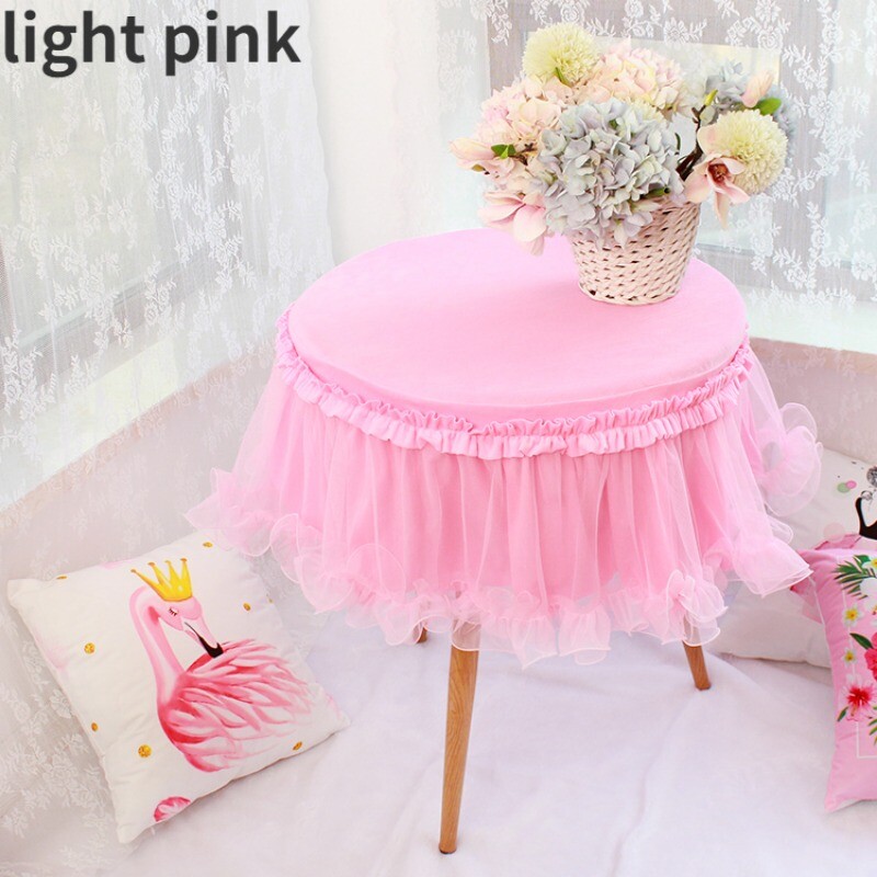 1pc Mesh Velvet Splicing Tablecloth Princess Lace Round Table Cover Ruffled Pink