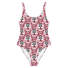 Black Pentagram Pink Horned Skull Print One-Piece Swimsuit Wiccan Goth XS-3XL