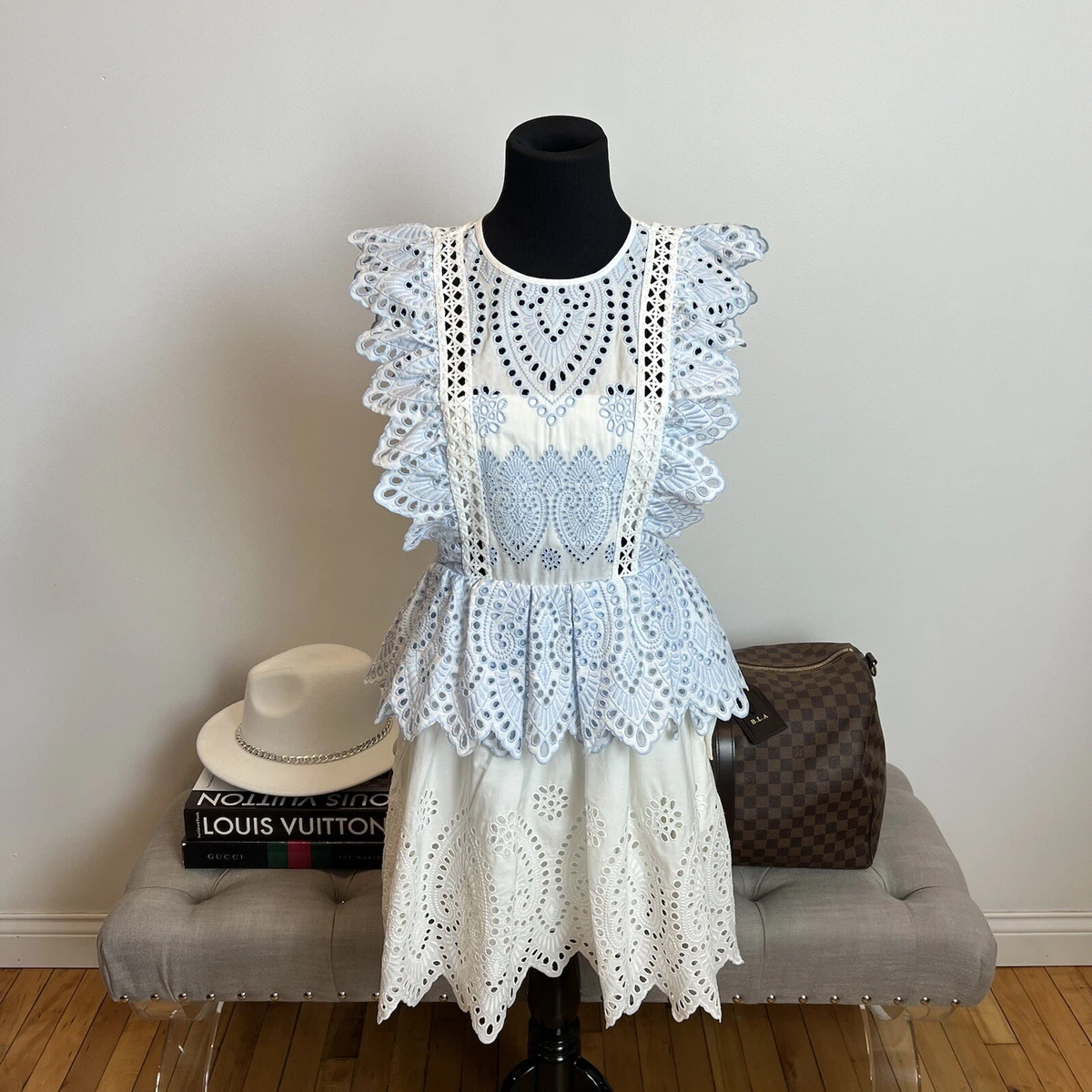 Self Portrait Embroidered Frill Mini Dress Cornflower Blue White
