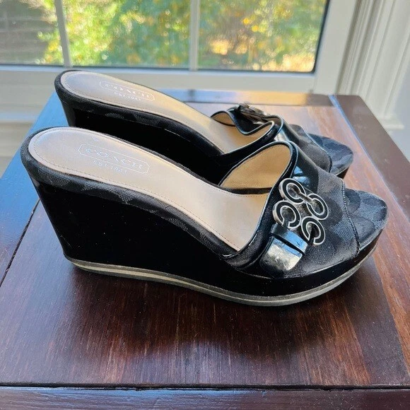 Vintage Y2K Coach Geri Black Platform High Heel Wedge Sandals Size 5