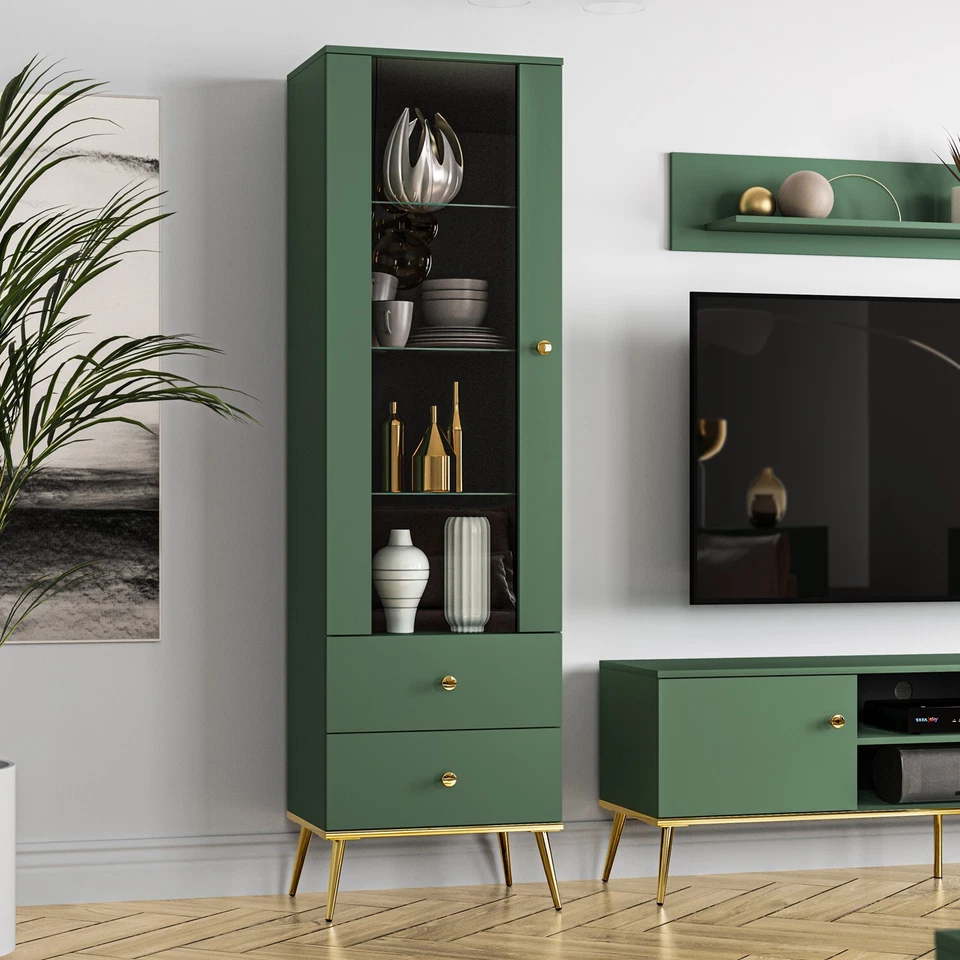 FOREST Schmale Vitrine 01 Grüne matt mit Regalen, Schubladen, verglastes Regal - Bild 4 von 4