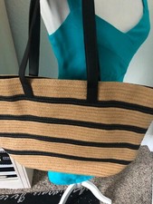 New 19.5" FRENCH SHOPPING TOTE Black Striped WOVEN Straw SHOULDER BAG Purse Zip