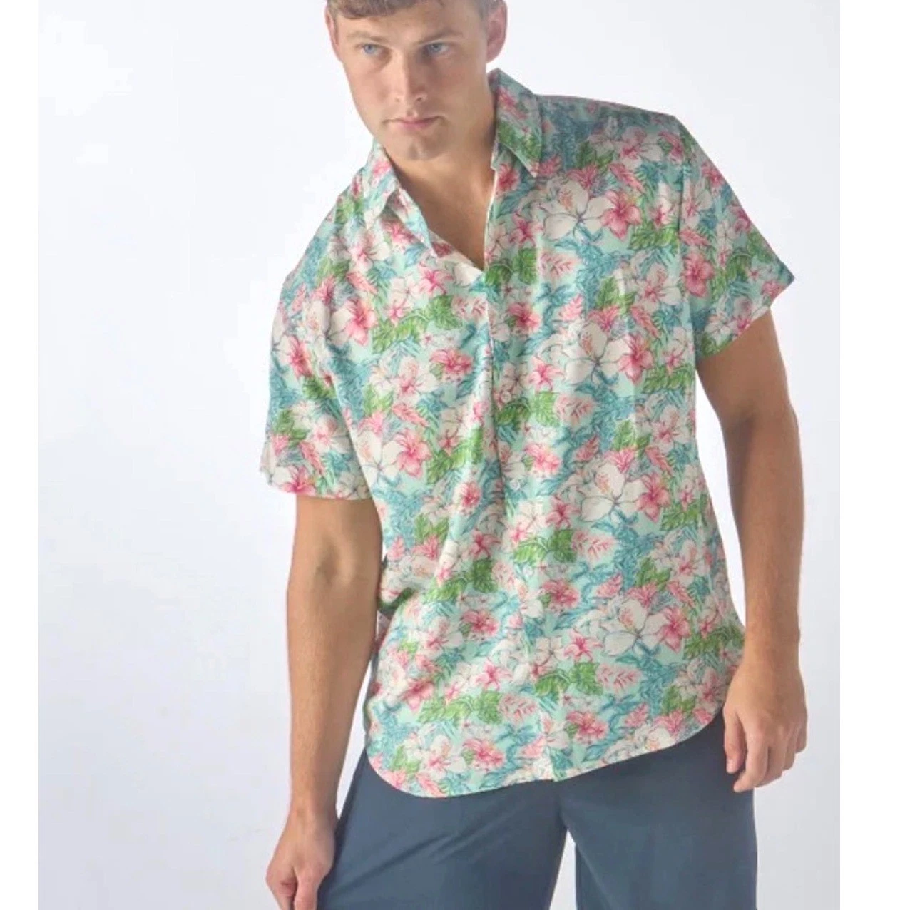 Simply Southern Tropical Hibiscus Shirt Mens Large Mint Pink Coastal Vacation