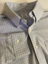 Brooks Brothers Men  s Blue Check Non Iron Dress Shirt Button Down 16-1/2 34